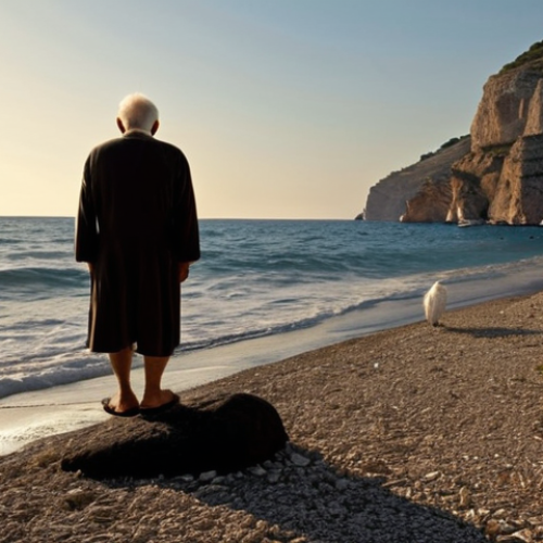 Home 4 ** A dramatic and slightly melancholic scene. Daedalus, an older man with weathered features, is standing on a rocky Sicilian beach. He's looking out at the Ionian Sea, the setting sun casting long shadows. Scattered around him are white feathers. In the distance, a small boat is sailing away.
**