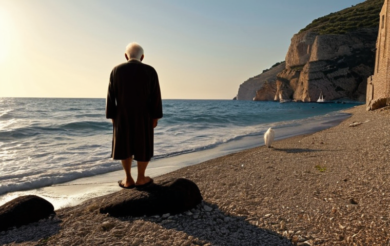 ** A dramatic and slightly melancholic scene. Daedalus, an older man with weathered features, is standing on a rocky Sicilian beach. He's looking out at the Ionian Sea, the setting sun casting long shadows. Scattered around him are white feathers. In the distance, a small boat is sailing away.
**