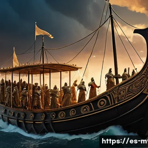 Home 32 황금 양털과 아르고 원정대 - A heroic scene of Jason leading the Argonauts on a wooden ancient Greek ship sailing the Aegean Sea ...