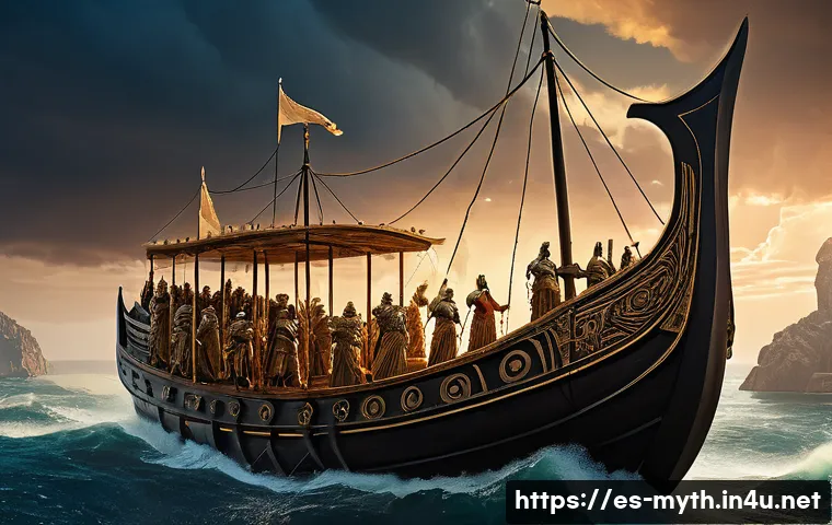 황금 양털과 아르고 원정대 - A heroic scene of Jason leading the Argonauts on a wooden ancient Greek ship sailing the Aegean Sea ...