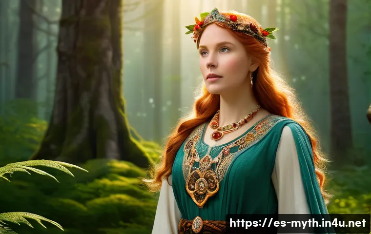 프레이야와 사랑의 여신 - An ethereal depiction of Freyja as the Norse goddess of fertility and nature, standing in a lush, ve...