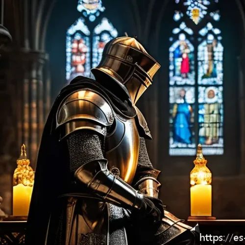 Home 17 성배 전설과 성배 전쟁 - A medieval knight clad in detailed, authentic armor, kneeling reverently before a glowing, ornate ch...