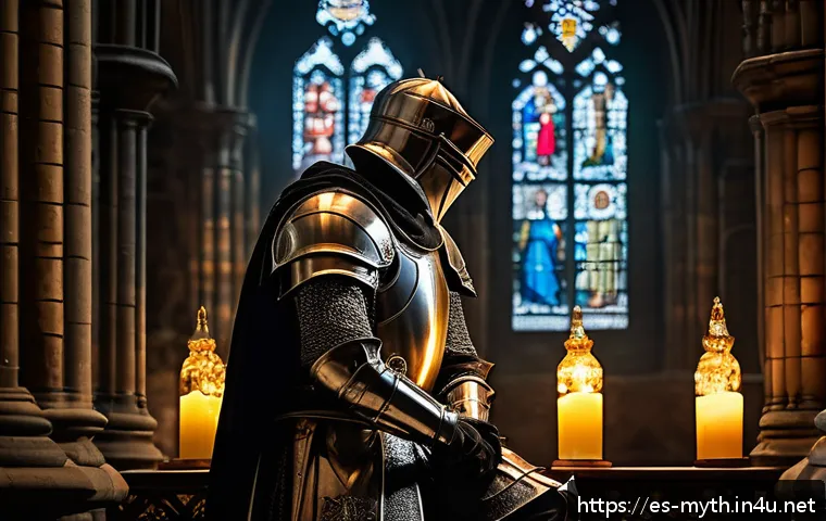 성배 전설과 성배 전쟁 - A medieval knight clad in detailed, authentic armor, kneeling reverently before a glowing, ornate ch...