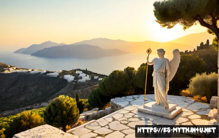 Home 17 헤르메스의 전설과 기원 - Photorealistic ancient Greek hillside sanctuary at sunrise, a graceful marble statue of Hermes weari...