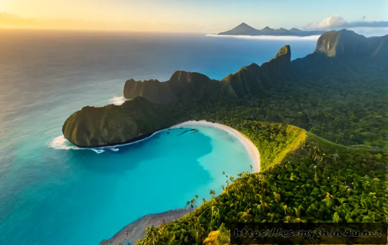 무 대륙의 신비 - Photorealistic aerial view of a mythical lost Pacific continent at sunrise, vast tropical coastline ...